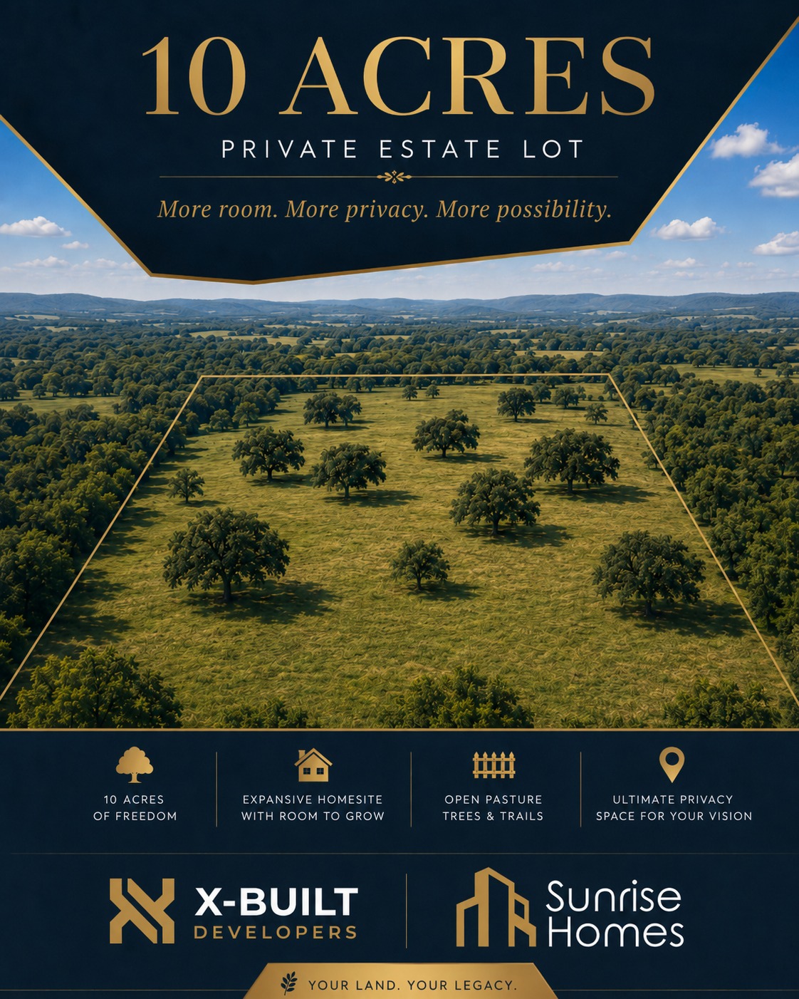 The Reserve at Bridle Oaks flyer — 10-acre private estate lot, with an illustrative aerial showing a larger lot outline over open pasture and mature trees