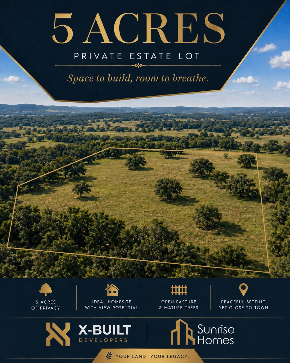 The Reserve at Bridle Oaks flyer — 5-acre private estate lot, with an illustrative aerial showing a lot outline over open pasture and mature trees