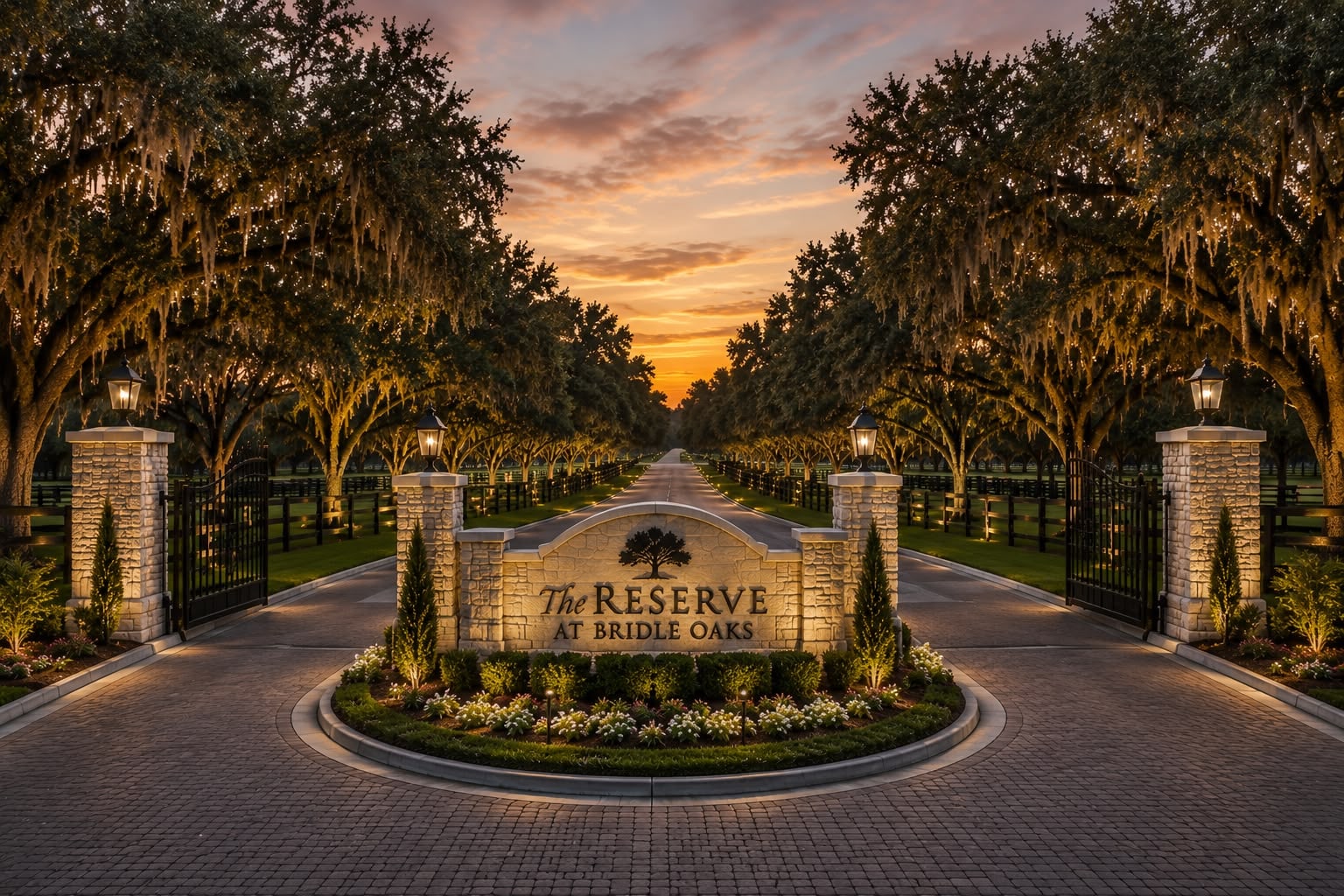 The Reserve at Bridle Oaks entrance gate at dusk, framed by oak trees draped in Spanish moss