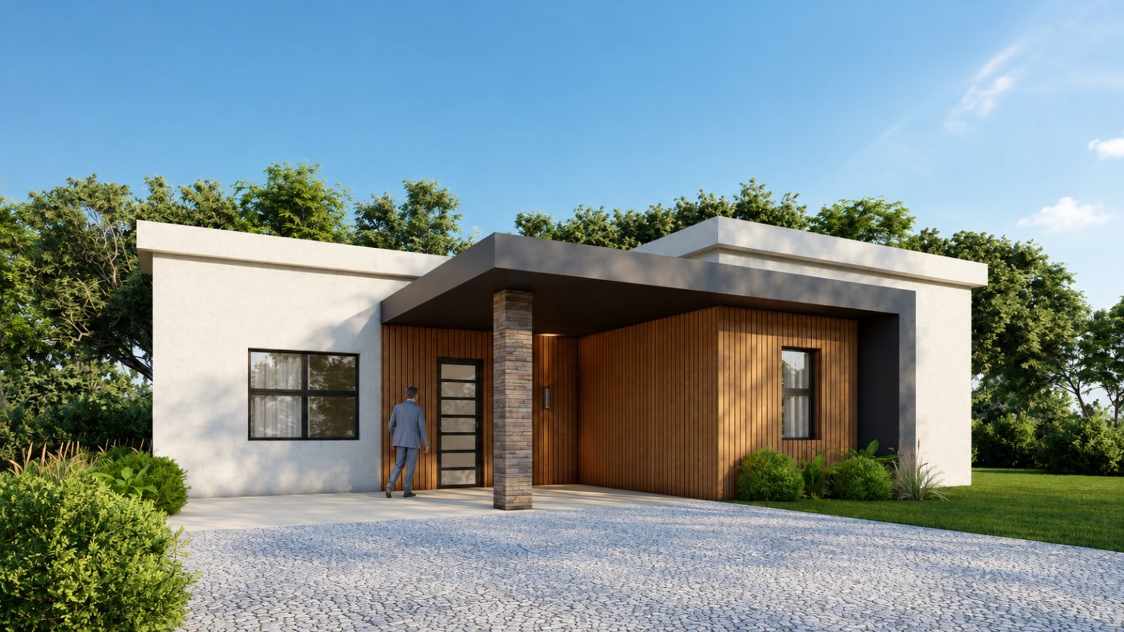 Exterior of the accessory dwelling unit, showing the front elevation and covered porch.