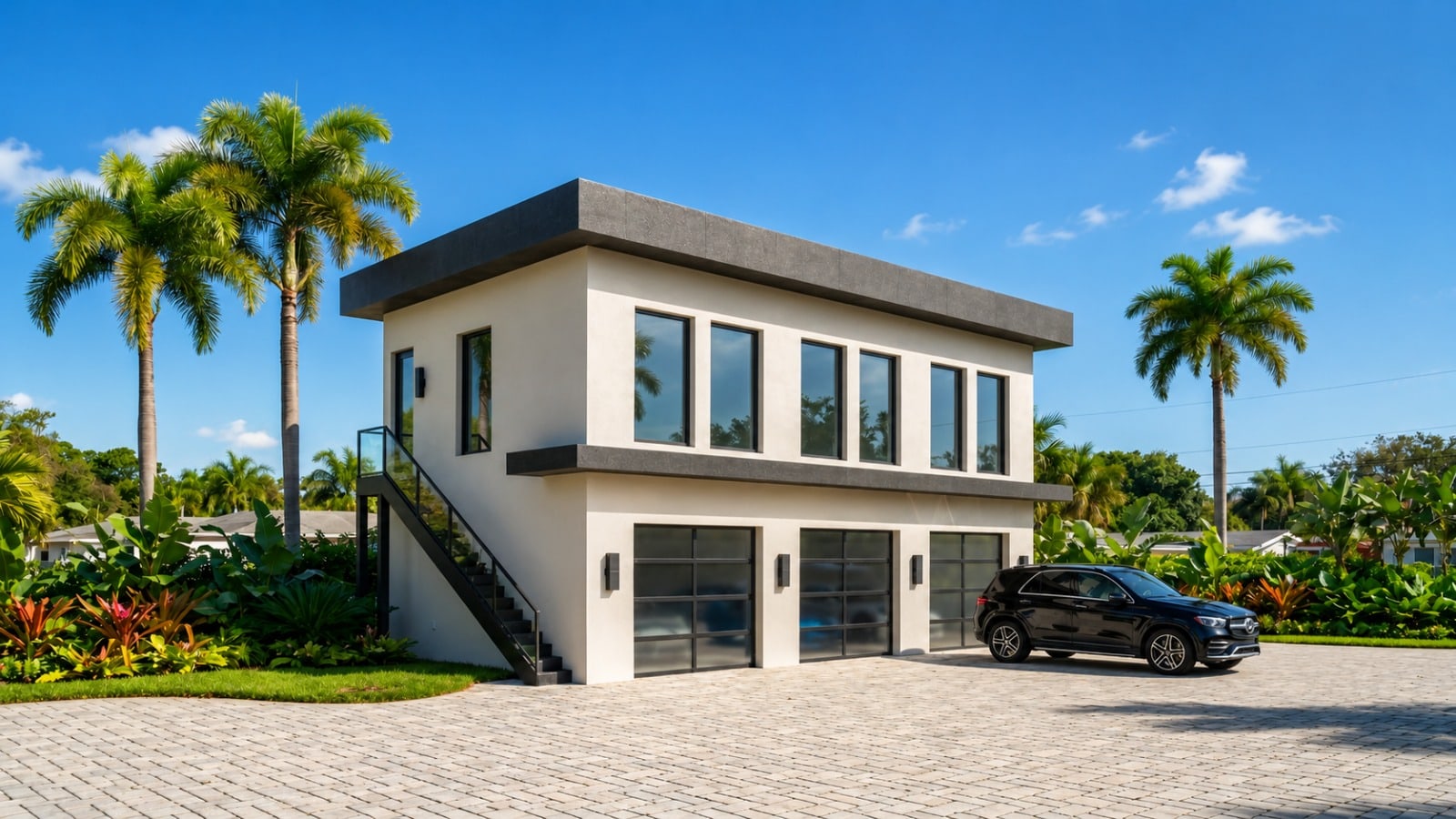 Exterior of the detached two-storey garage, showing the bay doors and the second-floor windows above.